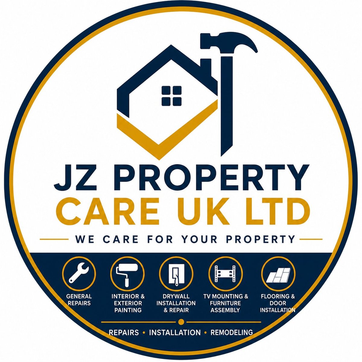 JZ Property Care UK Ltd logo featuring a house with hammer icon and tagline 'We Care For Your Property'